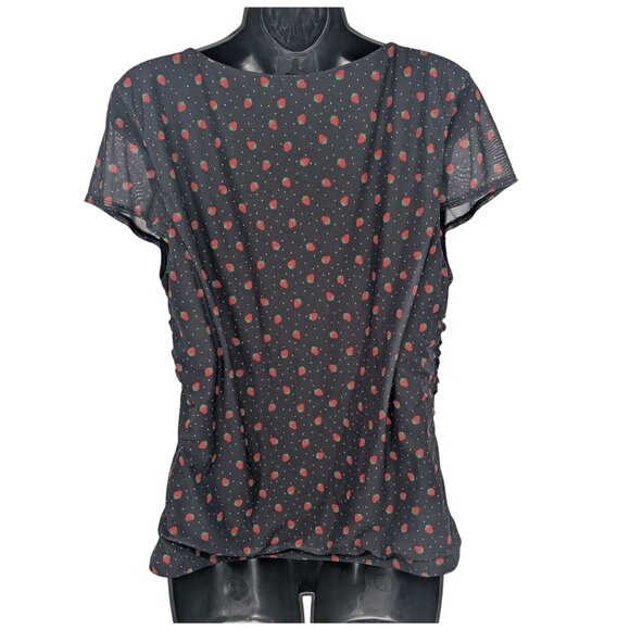 Y2K Strawberry Print Ruched Mesh Top Women Size 1X Coquette Polka Dot Whimsigoth - Picture 2 of 10